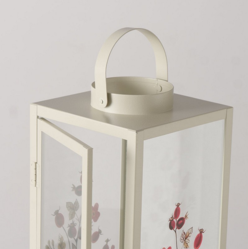 Lanterna in metallo e vetro decorata con rosa canina, ideale come decoro autunnale